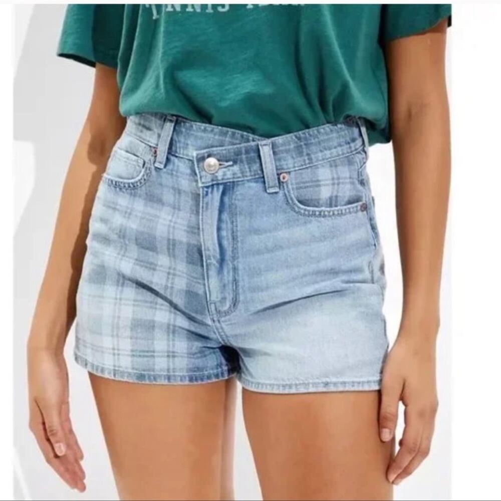 AE American Eagle Crossover Highest Waist Denim Mom  Plaid Shorts Size 8